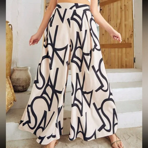 Plus Size Boho Alphabet Letter Print Pocket High Waist Wide Leg Palazzo Pants - Picture 4 of 6